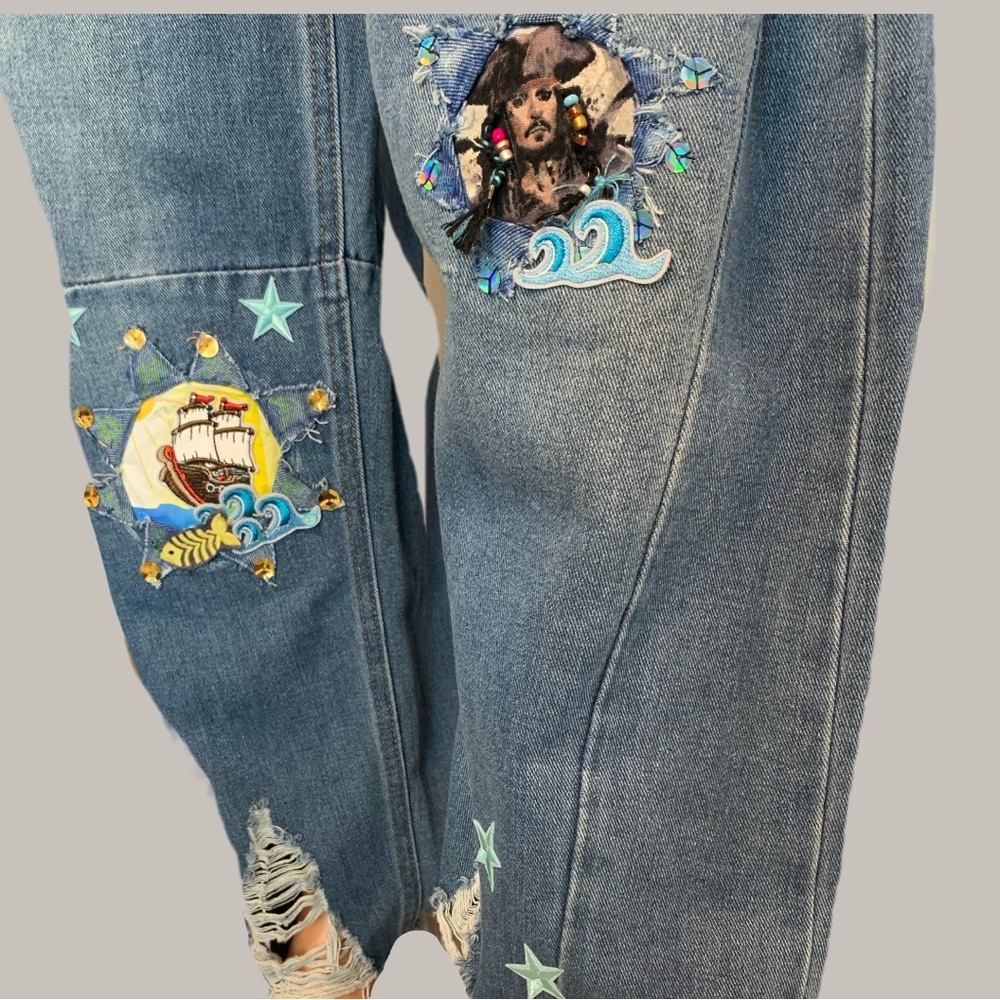 Upcycled Embroidered, Patched, and Distressed Barrel Jean with a Caribbean Theme - Picture 11 of 14